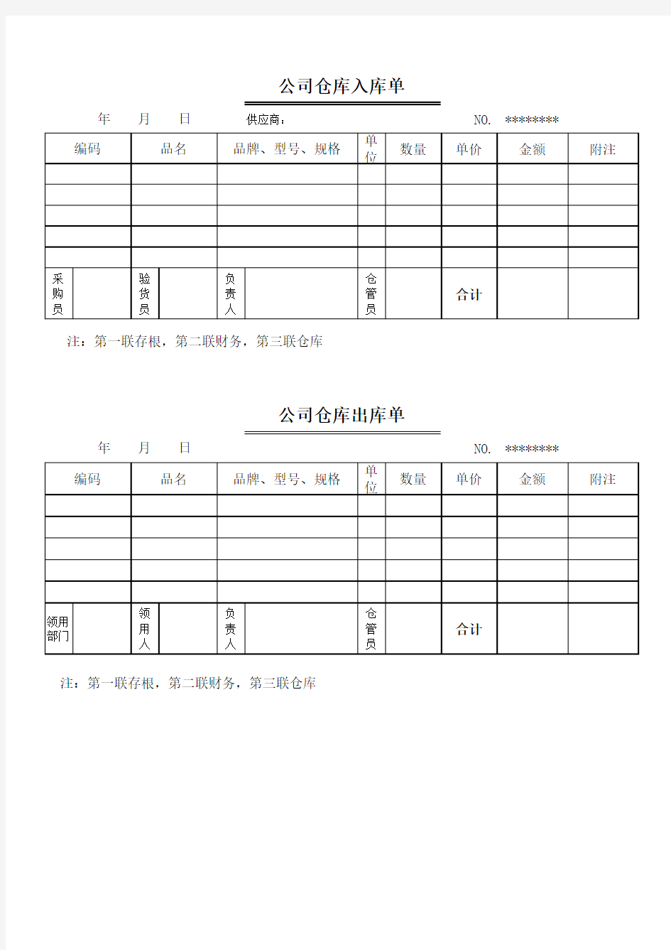 仓库出入库单模板