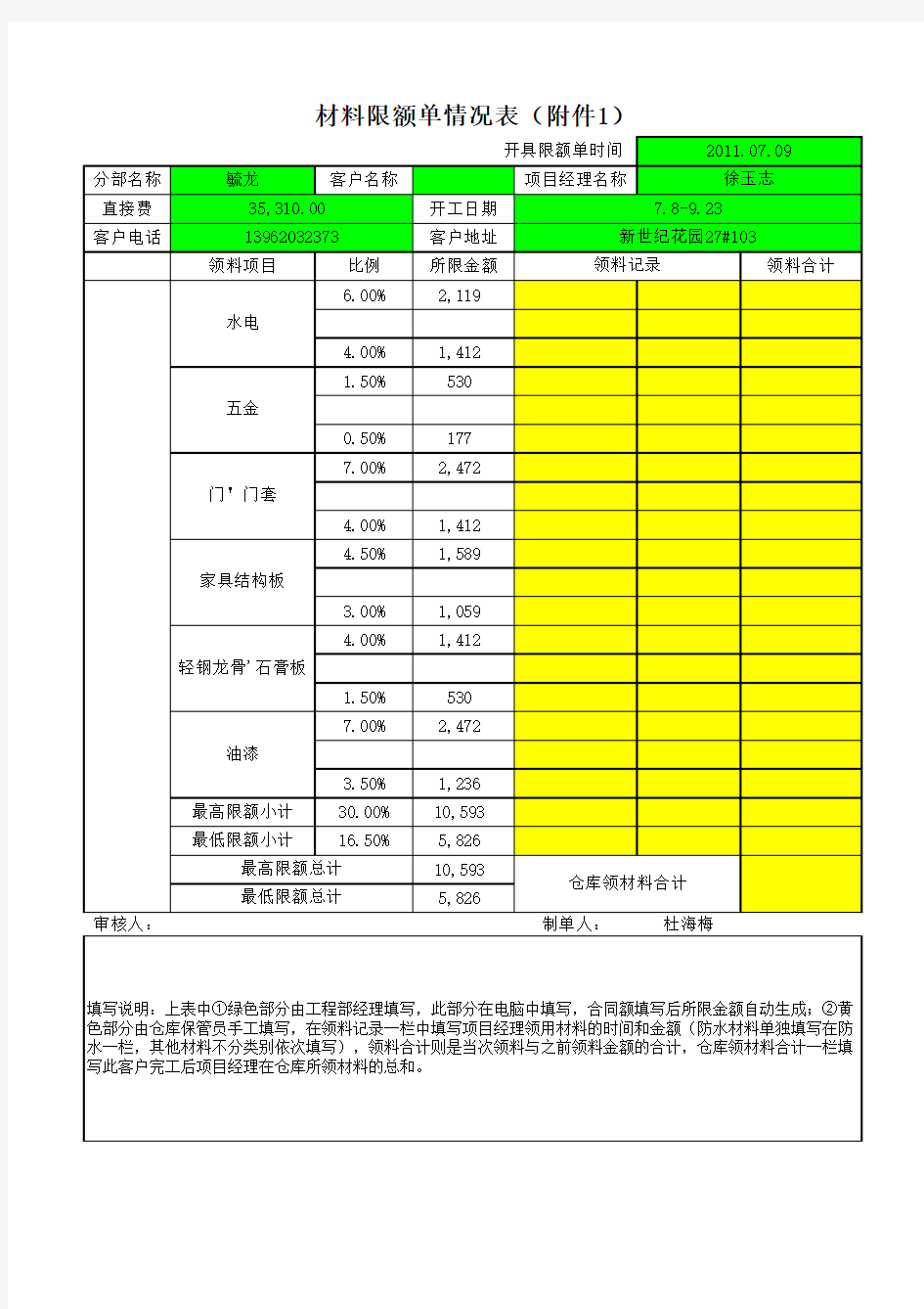 项目部领料单