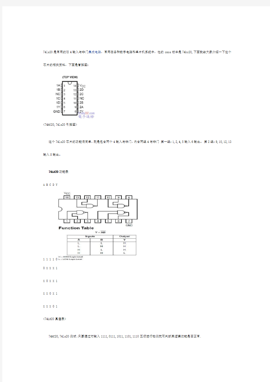 74ls20引脚图管脚功能真值表