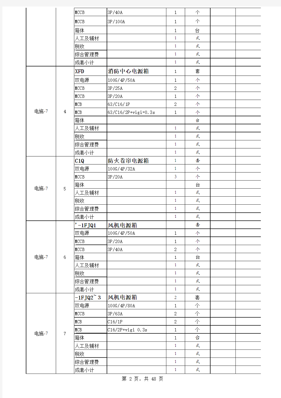 低压配电箱报价表样版