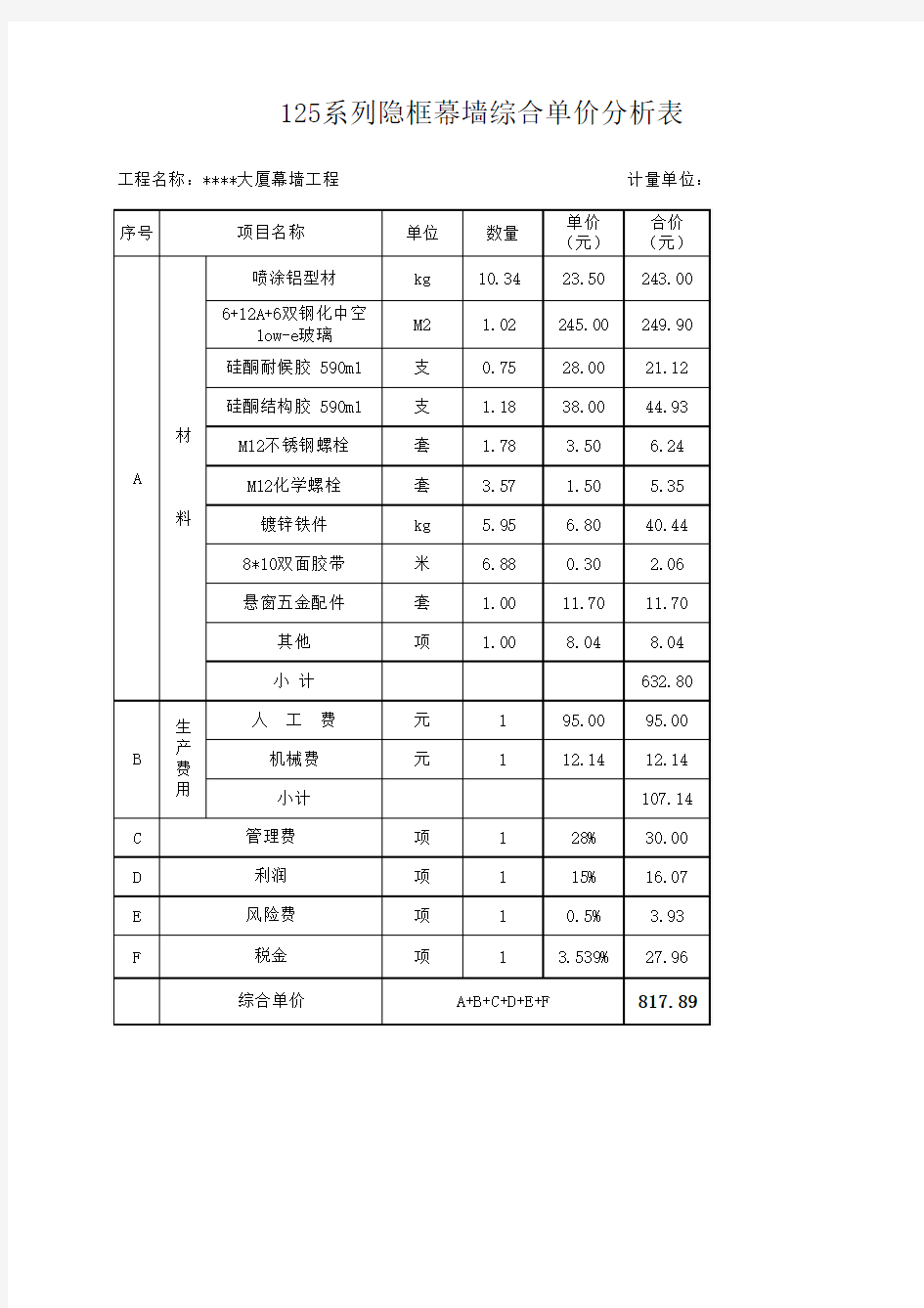 玻璃幕墙单价分析表