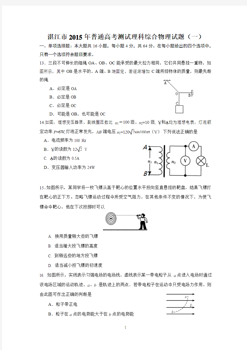 2015年湛江一模理综物理     高清word版