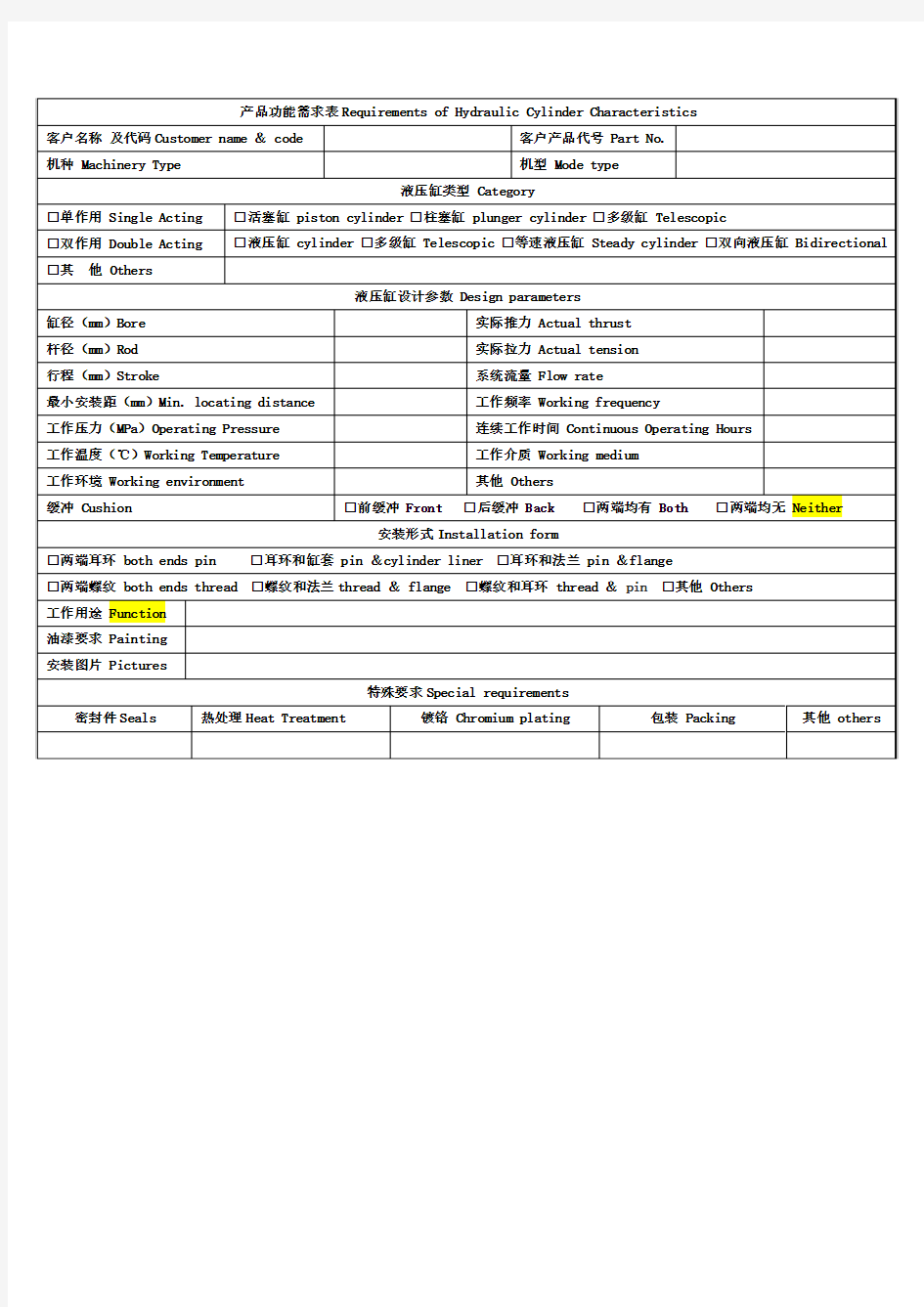 产品功能需求表