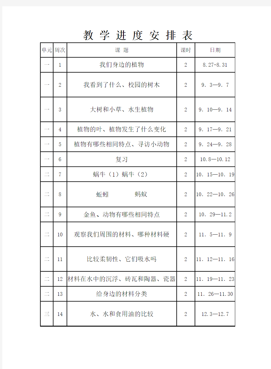 小学三年级科学教学进度表