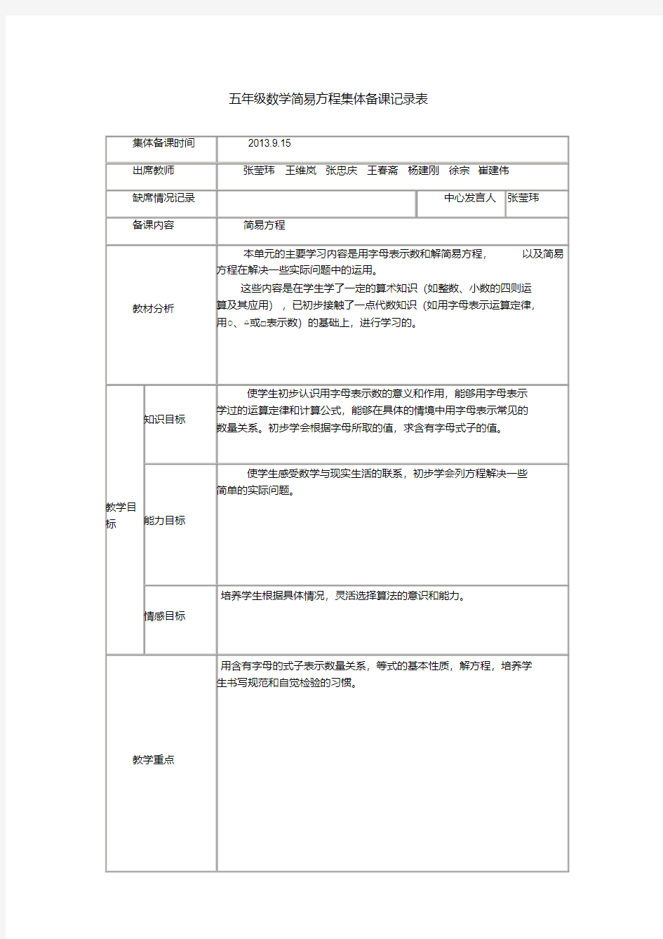 五年级数学简易方程集体备课记录表1