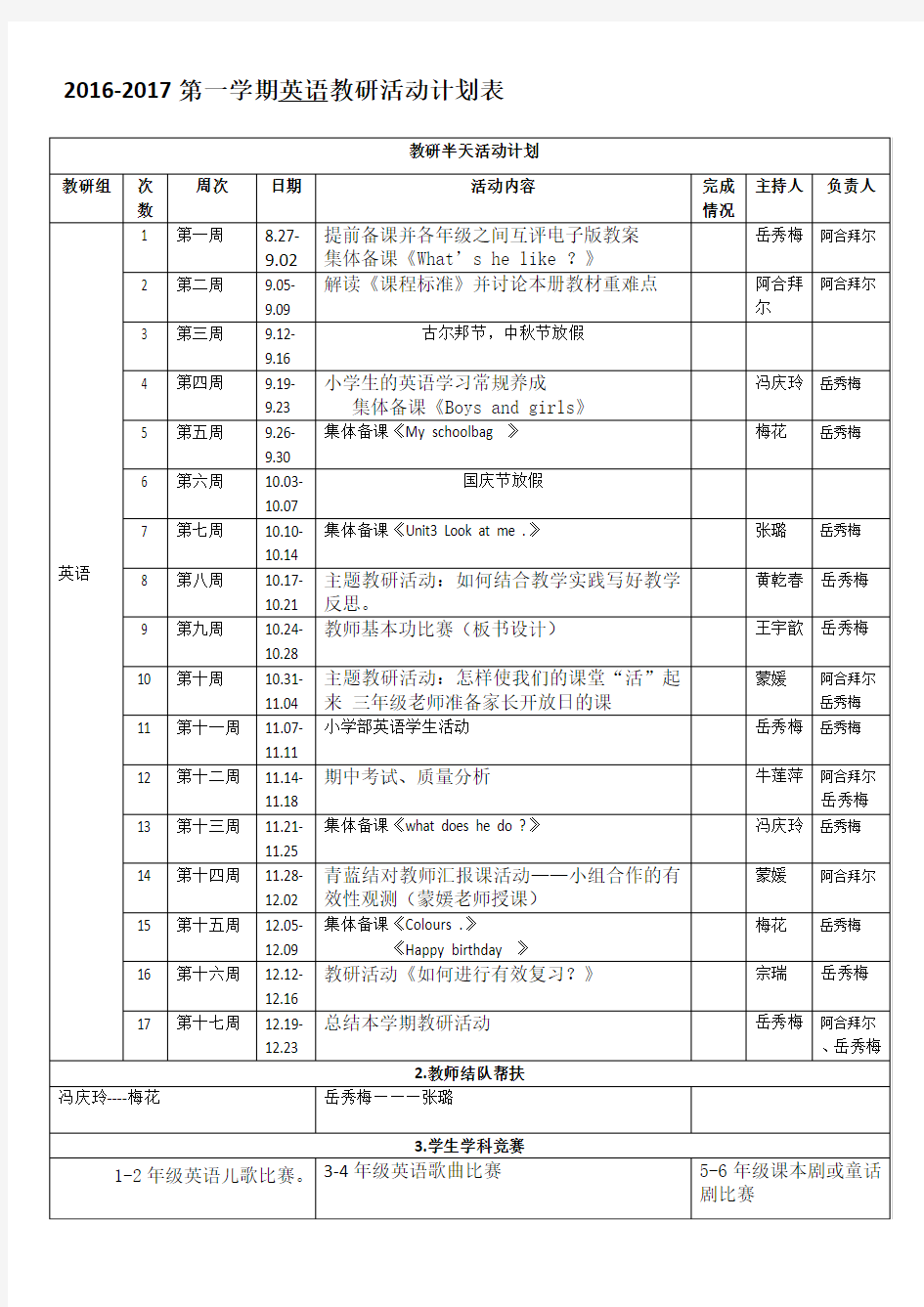 2016-2017第一学期成绩英语组教研活动计划表