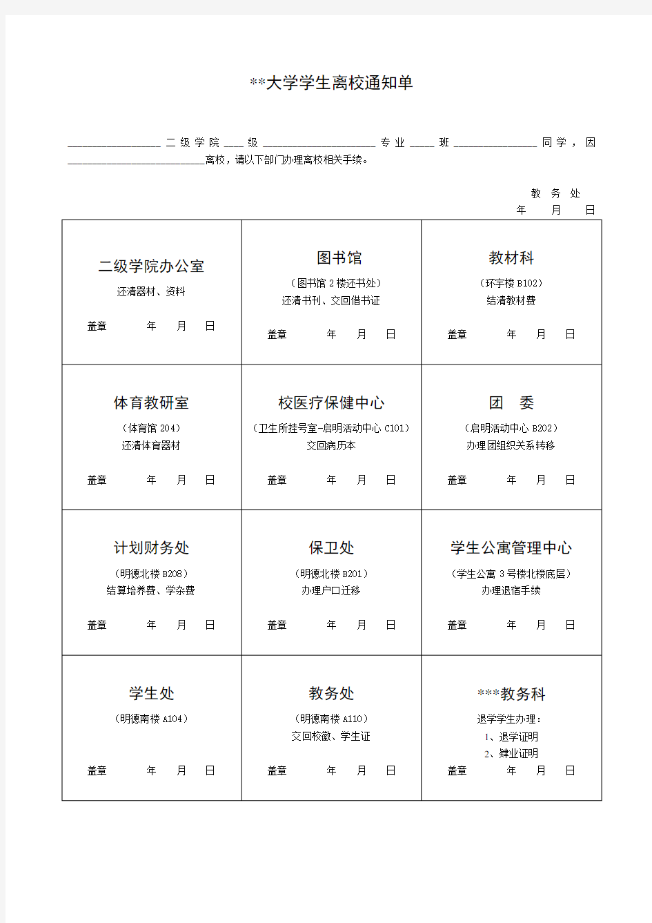 大学学生离校通知单