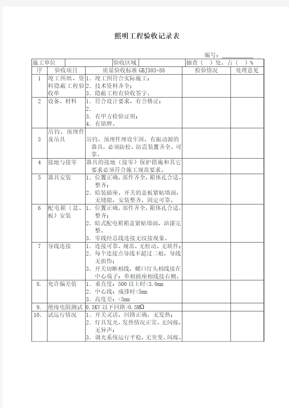 照明工程验收记录表