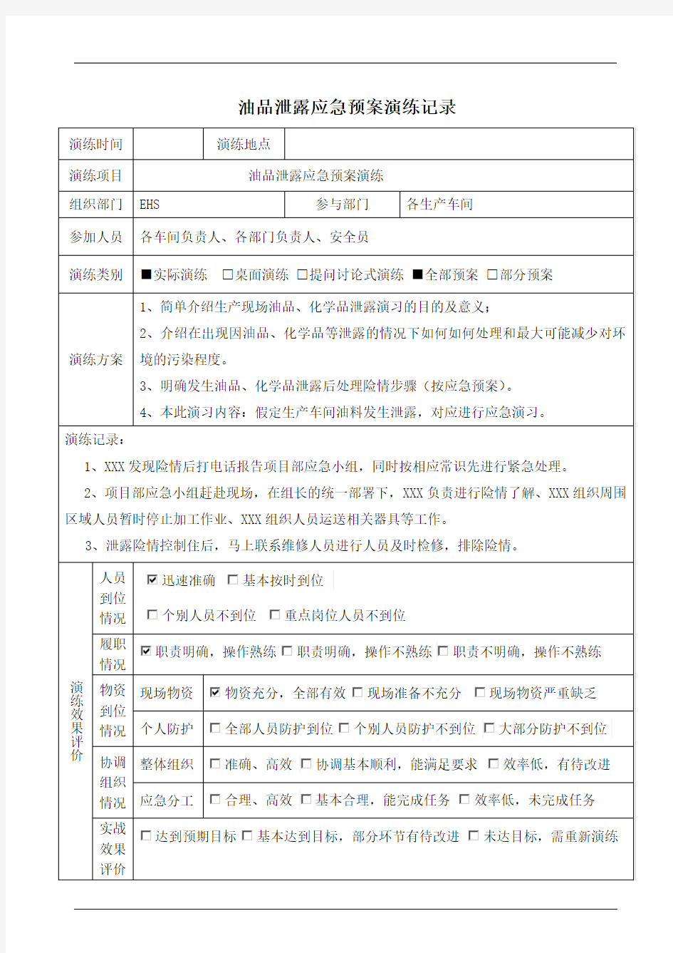 油品泄露应急预案演练记录及效果评价表