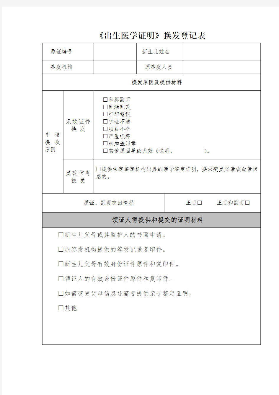 山西省《出生医学证明》换发登记表