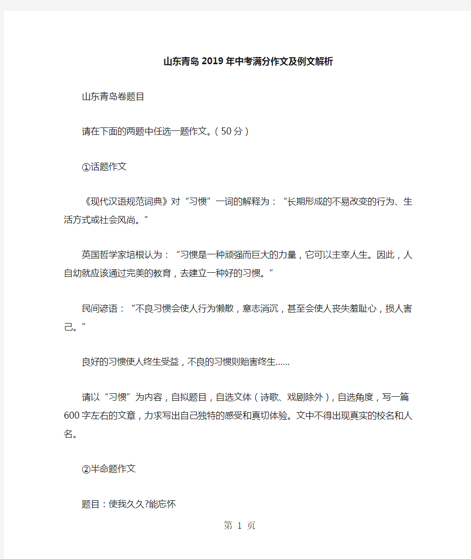 山东青岛中考满分作文及例文解析