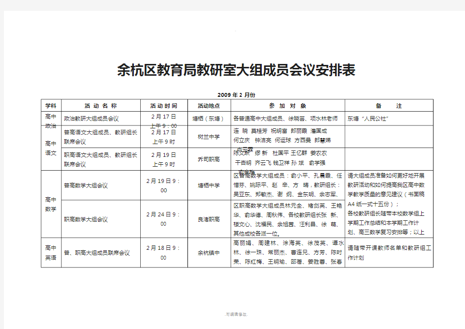 余杭区教育局教研室大组成员会议安排表