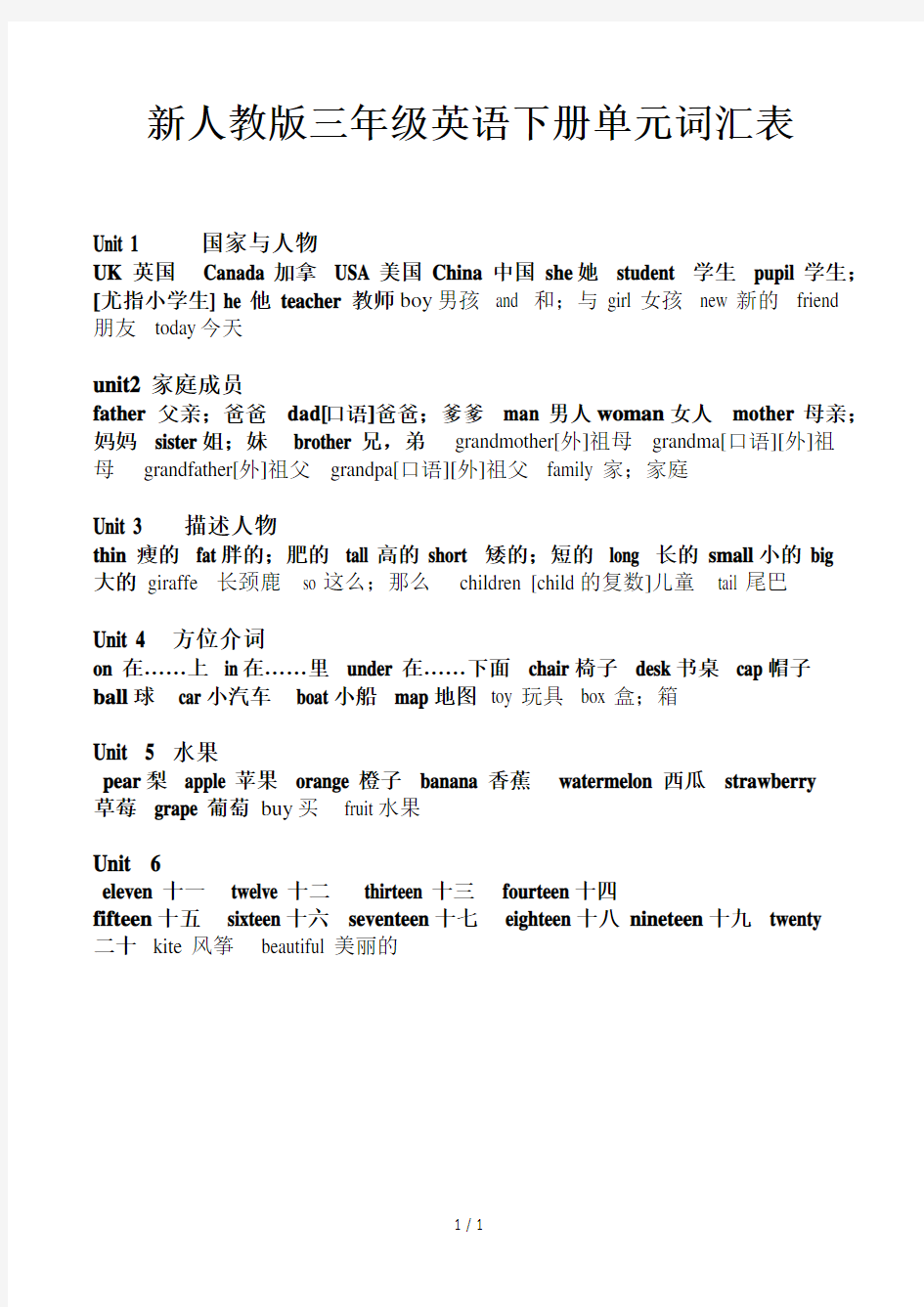 新人教版三年级英语下册单元词汇表