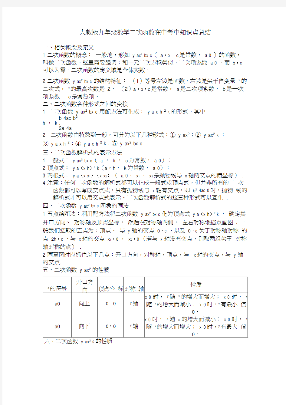 人教版九年级数学上册第22章二次函数知识点总结