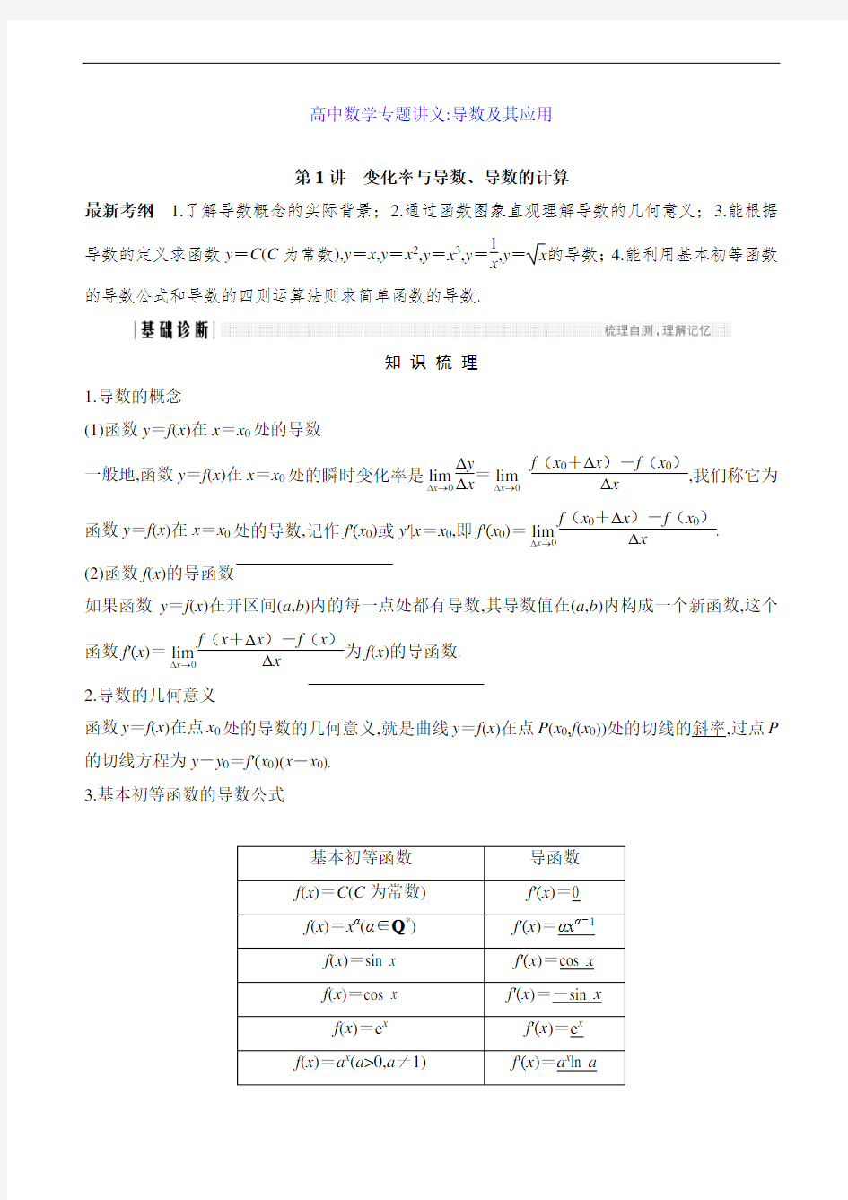 高中数学专题讲义：导数及其应用