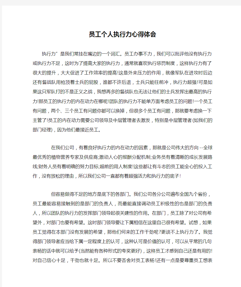 员工个人执行力心得体会