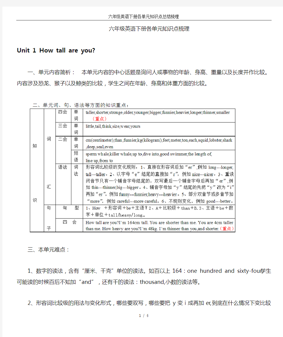 六年级英语下册各单元知识点总结梳理