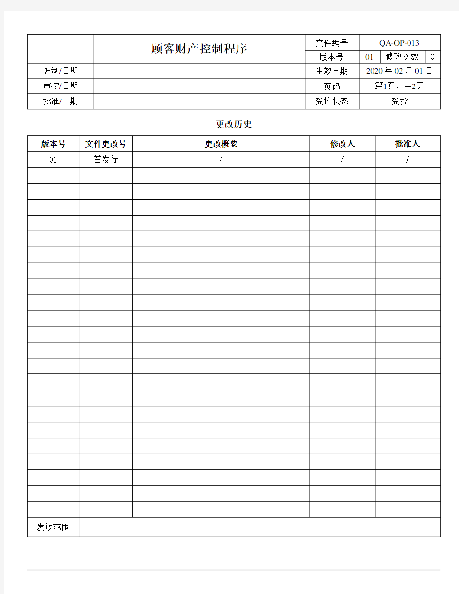 ISO13485-2016顾客财产控制程序