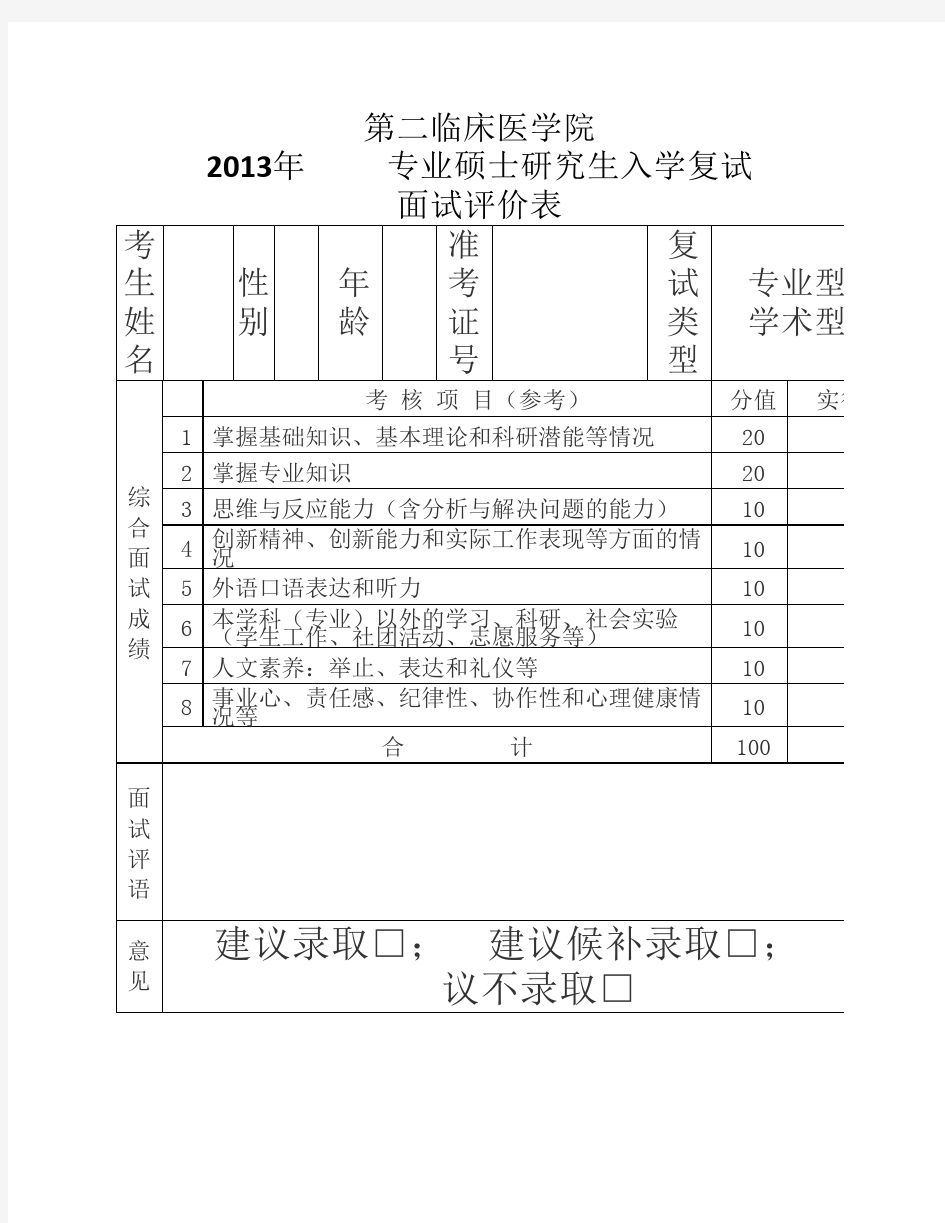 硕士研究生复试面试评价表