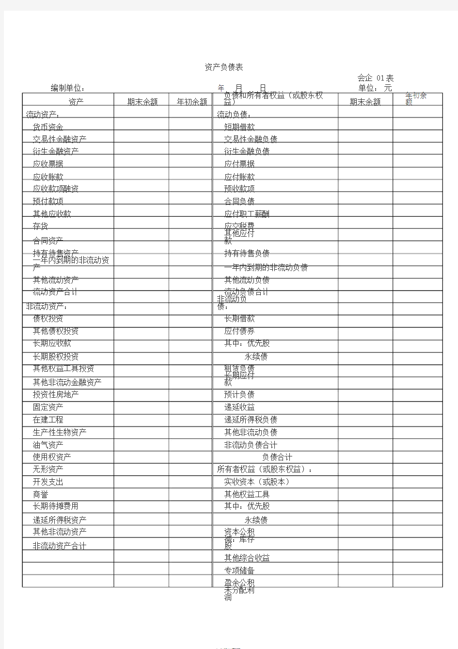 一般企业财务报表格式(适用于已执行新金融准则、新收入准则和新租赁准则的企业)