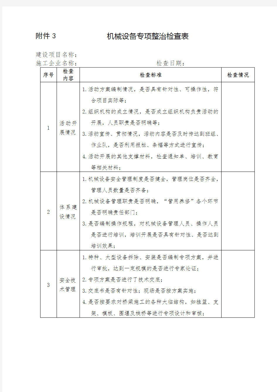 (完整版)机械设备专项整治检查表