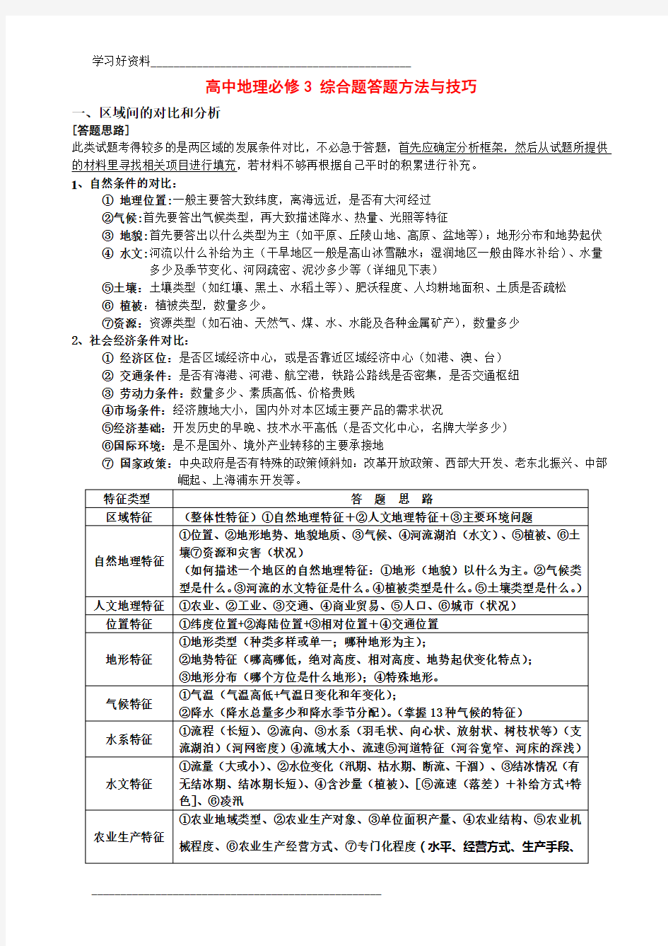 高中地理必修3 综合题答题方法与技巧